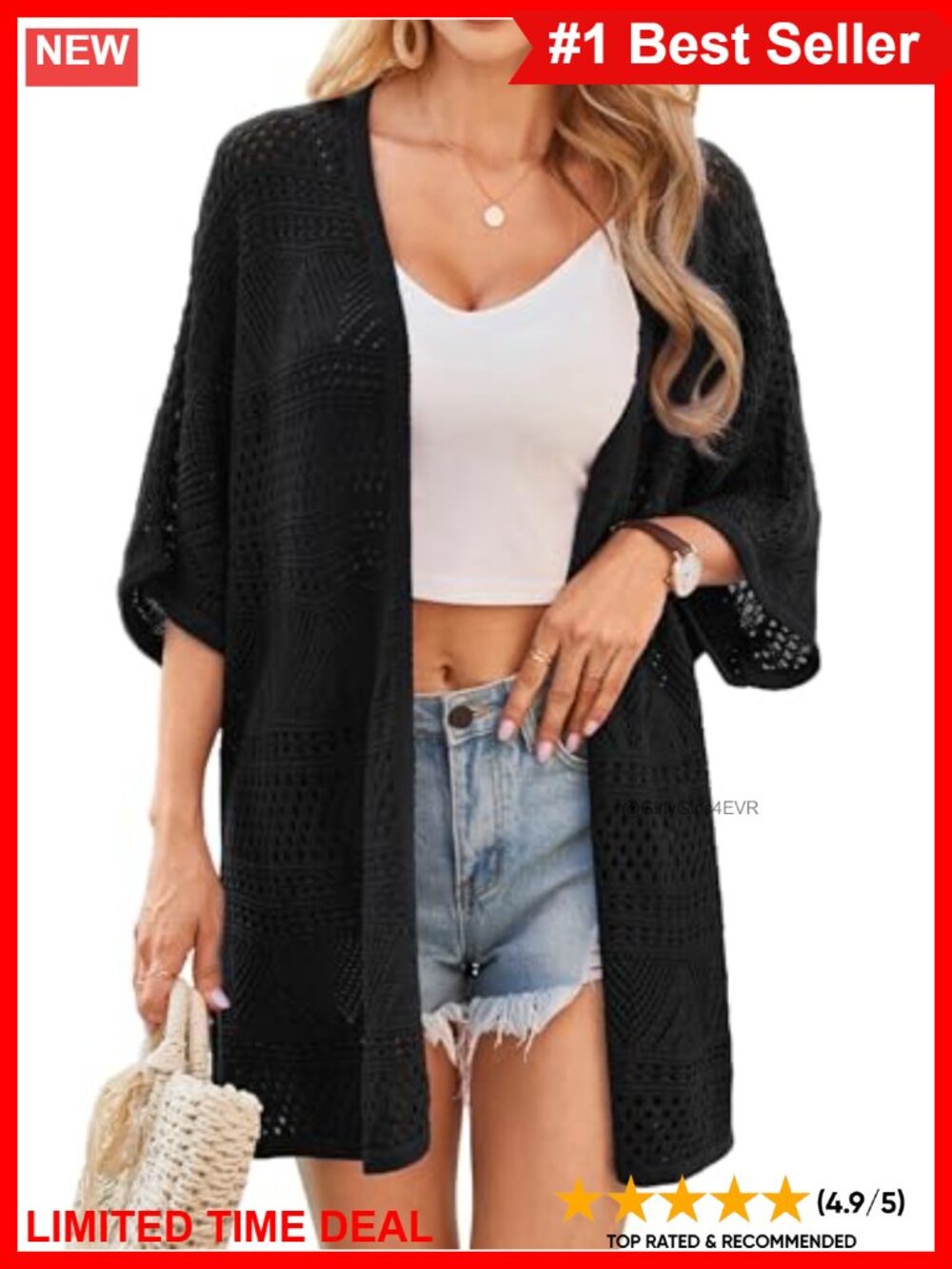 Lightweight Crochet Knit Kimono Cardigan Open Front Batwing Sleeve Loose Fit